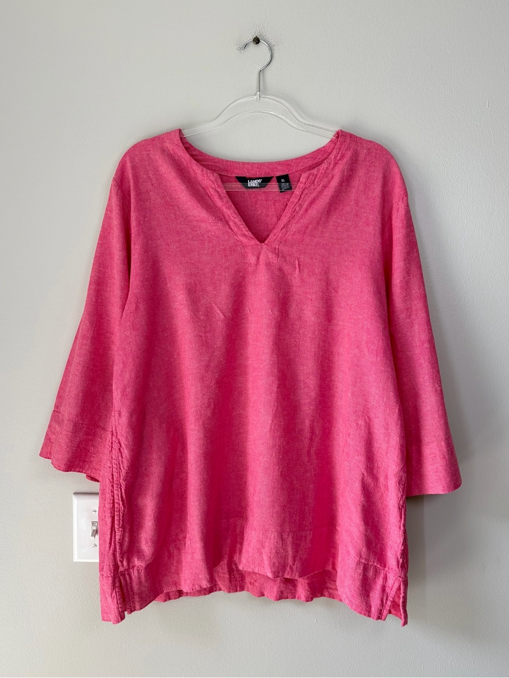 Lands’ End Linen Blend 3/4 Sleeve Split Neck Tunic Top Breathable Coastal